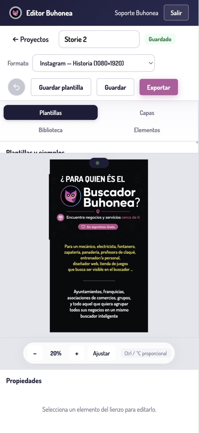 Lienzo — capas, biblioteca y export